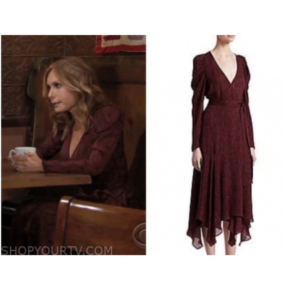 ALC RED SNAKESKIN SILK LONG PUFF SLEEVE RED HOLIDAY TIANNA WRAP MIDI DRESS - Picture 11 of 11